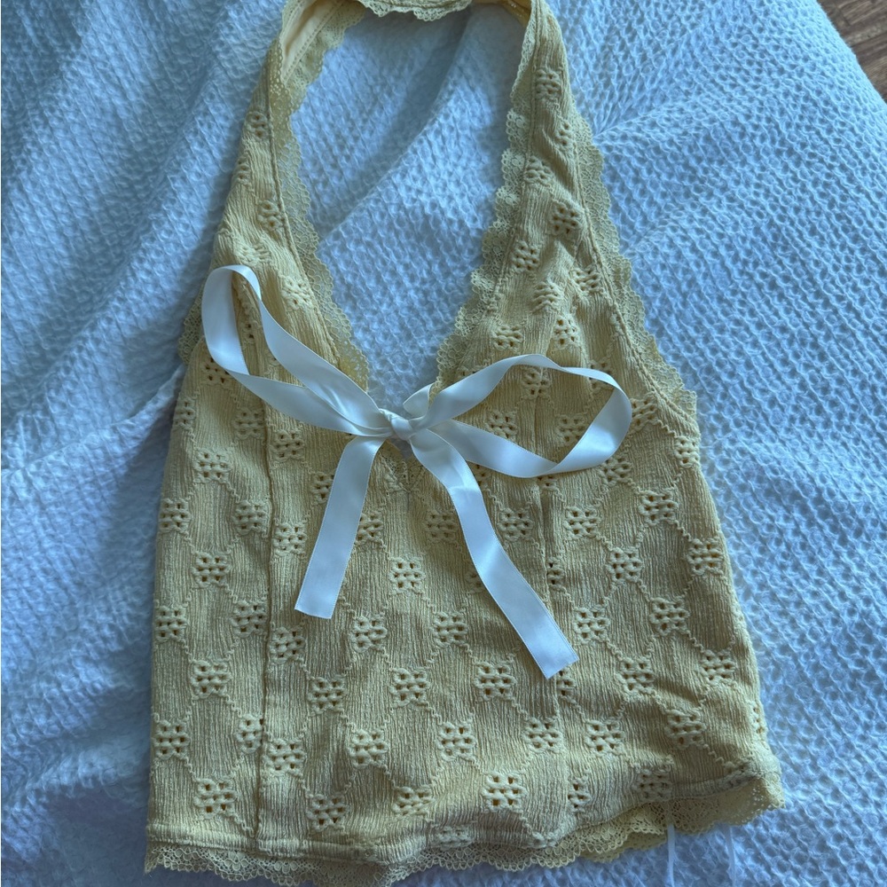 Kimchi Blue Yellow Lace Tank Top with Ribbon